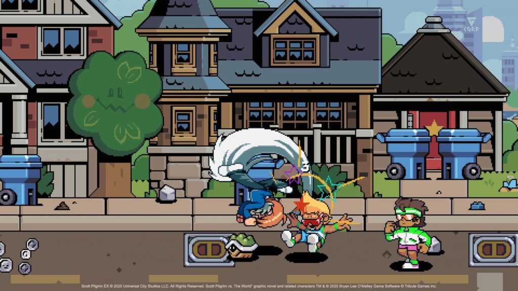 Four cartoon characters brawl on a suburban street in front of a house, surrounded by comic-style action effects reminiscent of Scott Pilgrim EX.