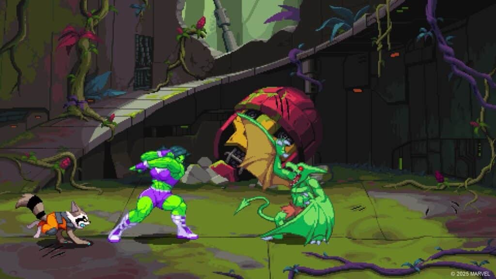 Pixel art of a raccoon, a purple-armored figure, and a green dragon fighting in a ruined, overgrown city, inspired by the epic battles seen in the MARVEL Cosmic Invasion trailer.