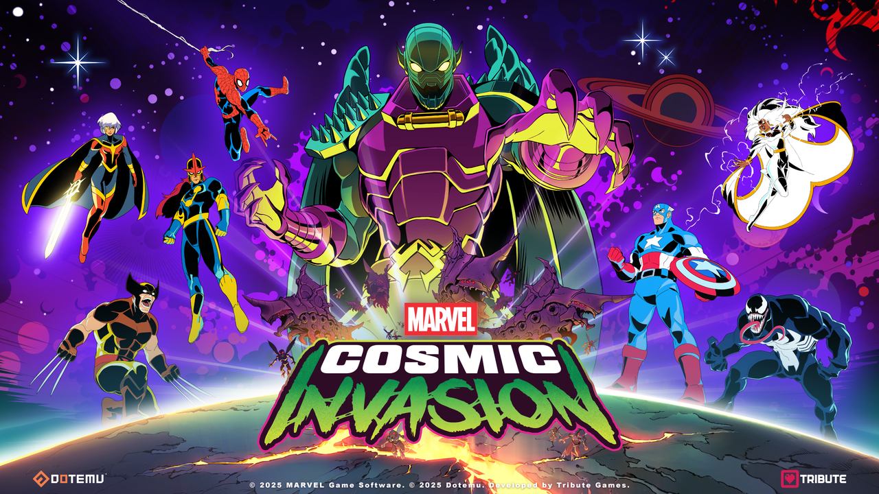 Marvel superheroes face a giant armored villain in a cosmic space battle under a starry sky, as seen in the thrilling MARVEL Cosmic Invasion trailer.
