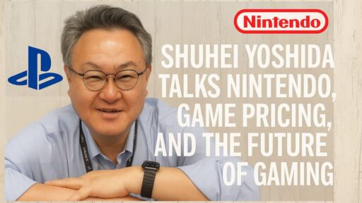 Smiling man with glasses beside Nintendo and PlayStation logos, featuring text about gaming industry topics as Shuhei Yoshida talks Nintendo.