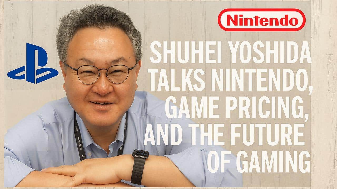 Smiling man with glasses beside Nintendo and PlayStation logos, featuring text about gaming industry topics as Shuhei Yoshida talks Nintendo.