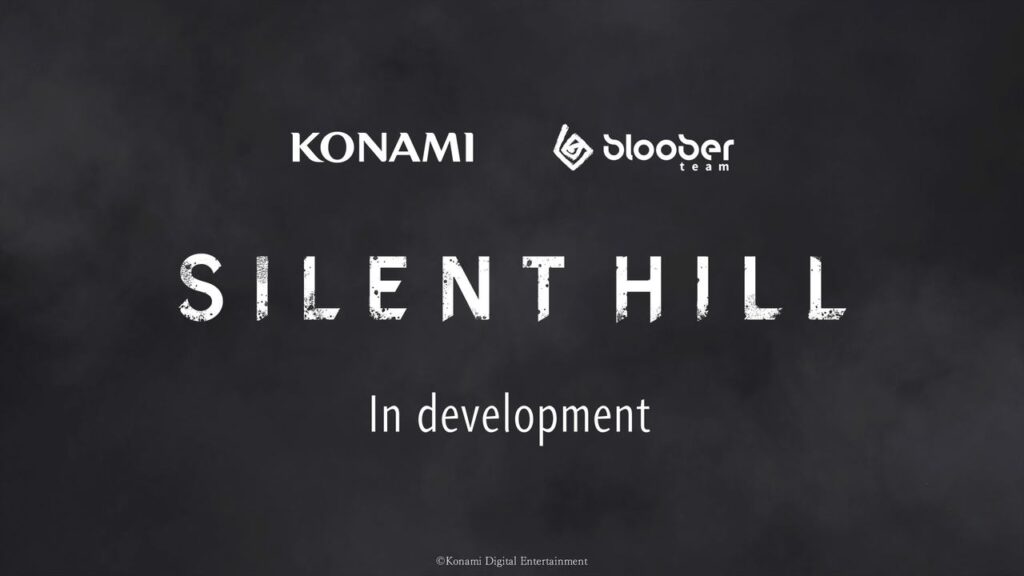Dark graphic with Konami, Bloober Team logos, "SILENT HILL" title, "In development," and a nod to the latest Silent Hill f developer diary.
