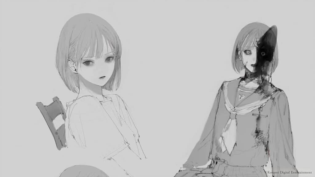 Two girls with short hair; one looks calm, while the other’s face is partly obscured by dark, shadowy shapes—a scene reminiscent of imagery shared in the Silent Hill f developer diary.