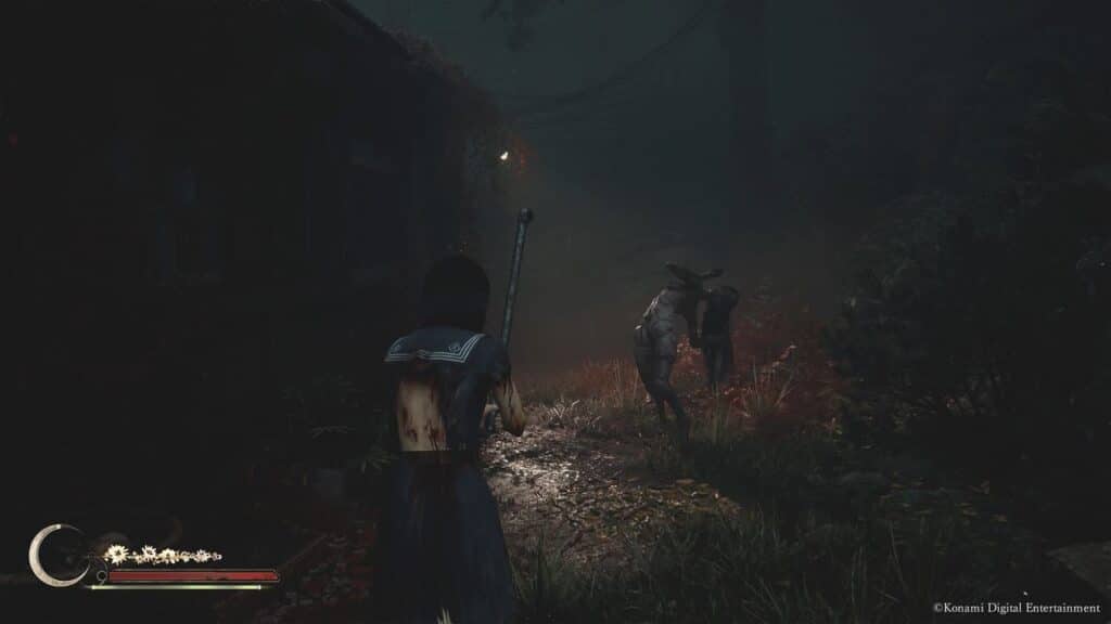 A person with a bat faces a creature in a dark, foggy, forested area, evoking a tense atmosphere reminiscent of moments revealed in the Silent Hill f developer diary.