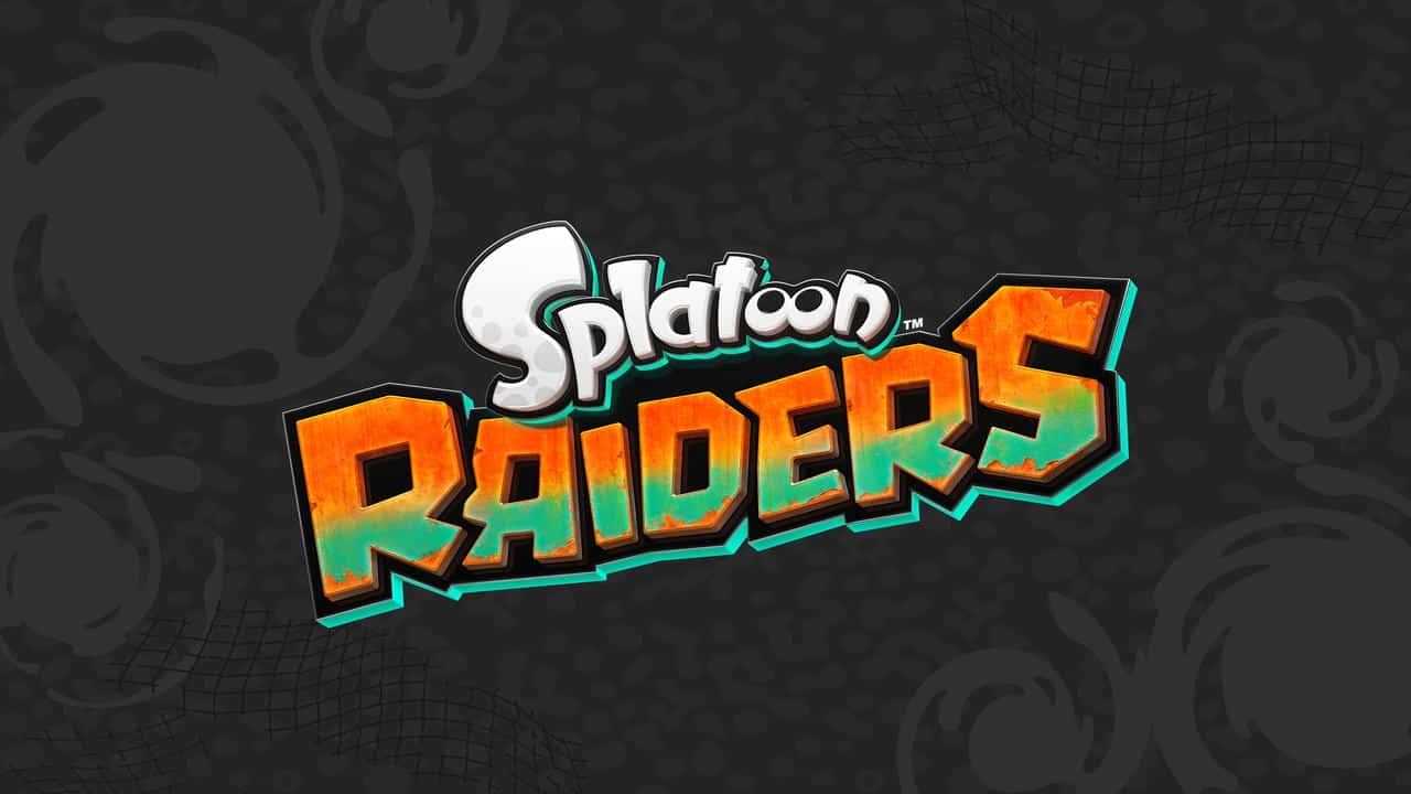 Splatoon Raiders logo featuring bold, colorful Splatoon Raiders text set against a dark, patterned background.