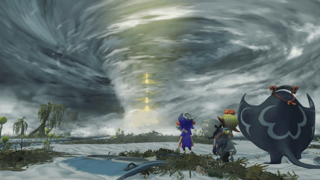 Three Splatoon Raiders cartoon characters stand on icy ground, gazing at a glowing tornado under a dramatic, cloudy sky.