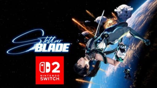 A woman in a futuristic suit floats in space with "Stellar Blade" and a Nintendo Switch 2 logo beside her.