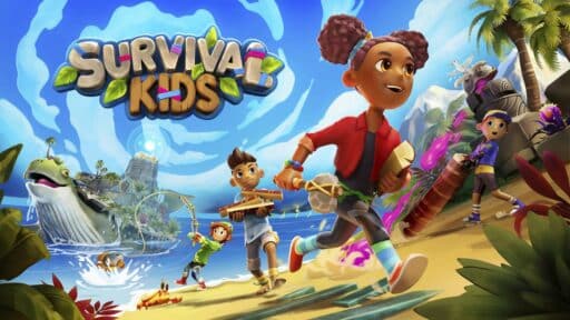 Four kids dash along a tropical island beach, adventure gear in hand, as the bold "Survival Kids" logo hovers above, capturing the thrill of island exploration.