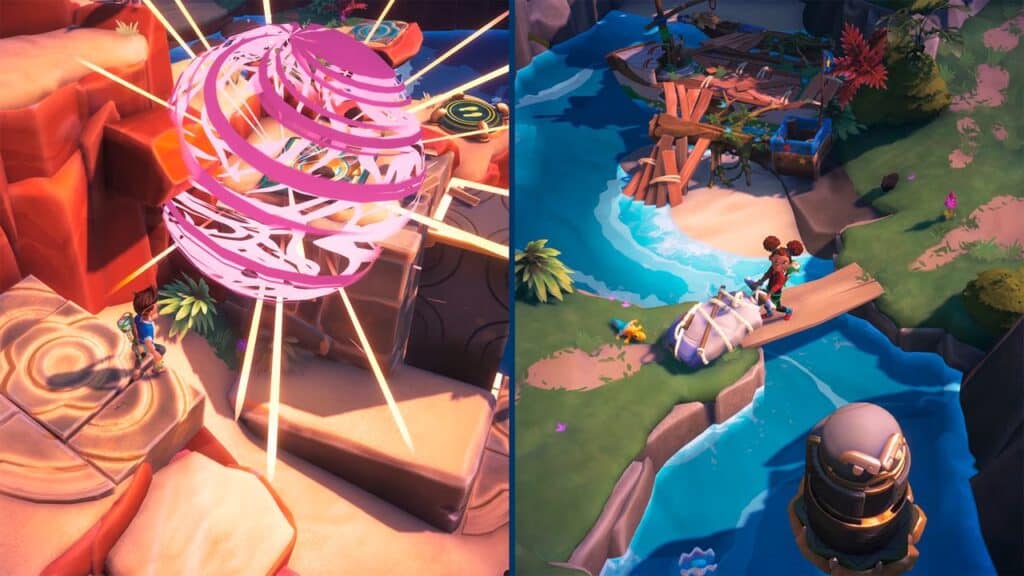 Split-screen game view: left shows a glowing orb and character on rocks, right features two Survival Kids on a raft drifting over a river.
