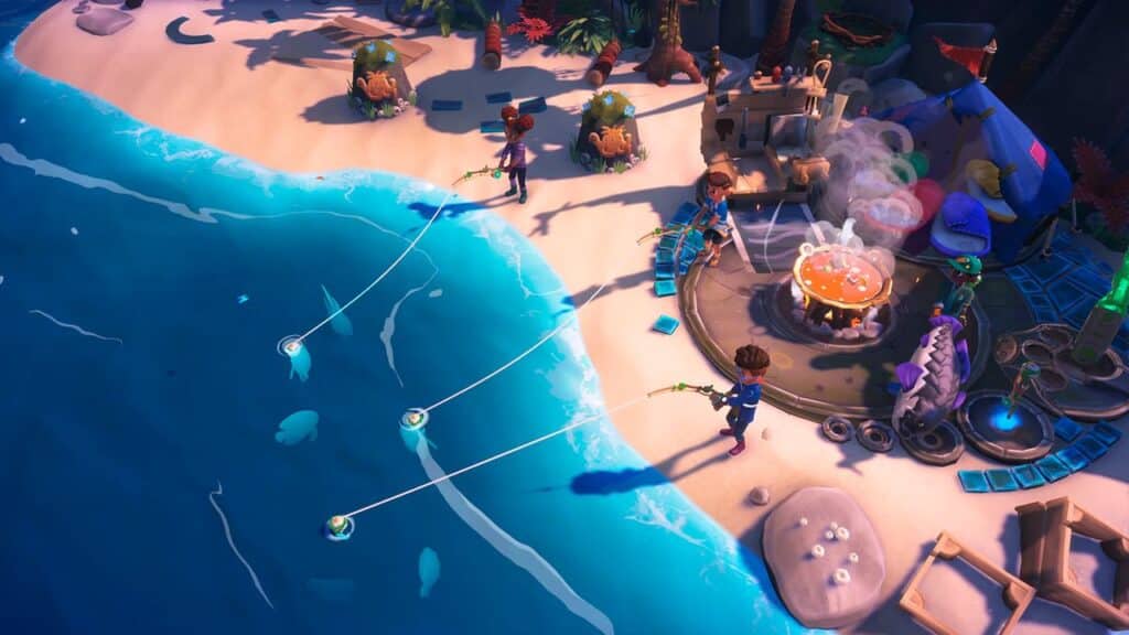 Four animated characters, inspired by Survival Kids, fish on a tropical beach near a bubbling cauldron and scattered objects.