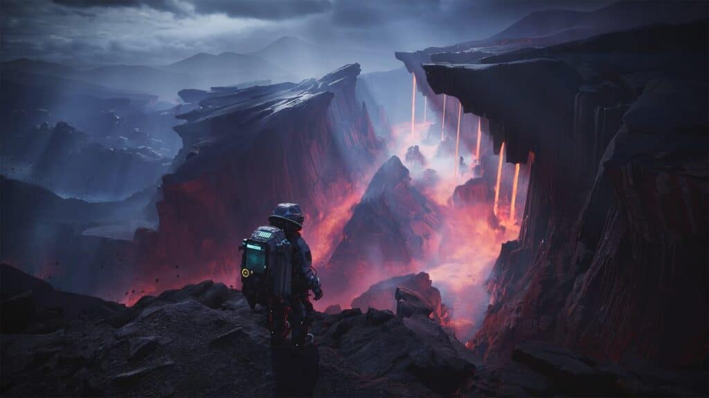 Astronaut stands on rocky cliff overlooking a glowing, fiery canyon under a dark, cloudy sky, evoking the dramatic atmosphere of The Alters launch.
