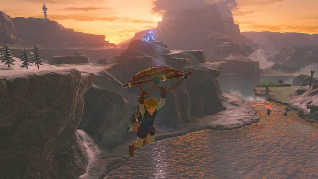 Link glides over a river in a mountainous landscape at sunset, evoking the breathtaking vistas from The Legend of Zelda Breath of the Wild Nintendo Switch 2 Edition.