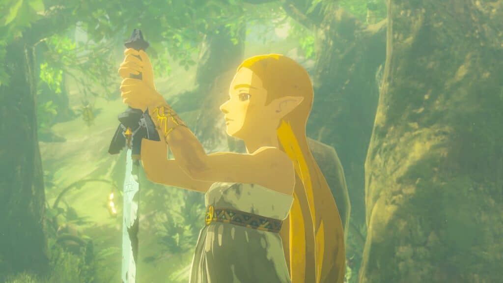 Princess Zelda in a forest lifts a glowing sword with both hands, evoking the spirit of The Legend of Zelda: Breath of the Wild Nintendo Switch 2 Edition.