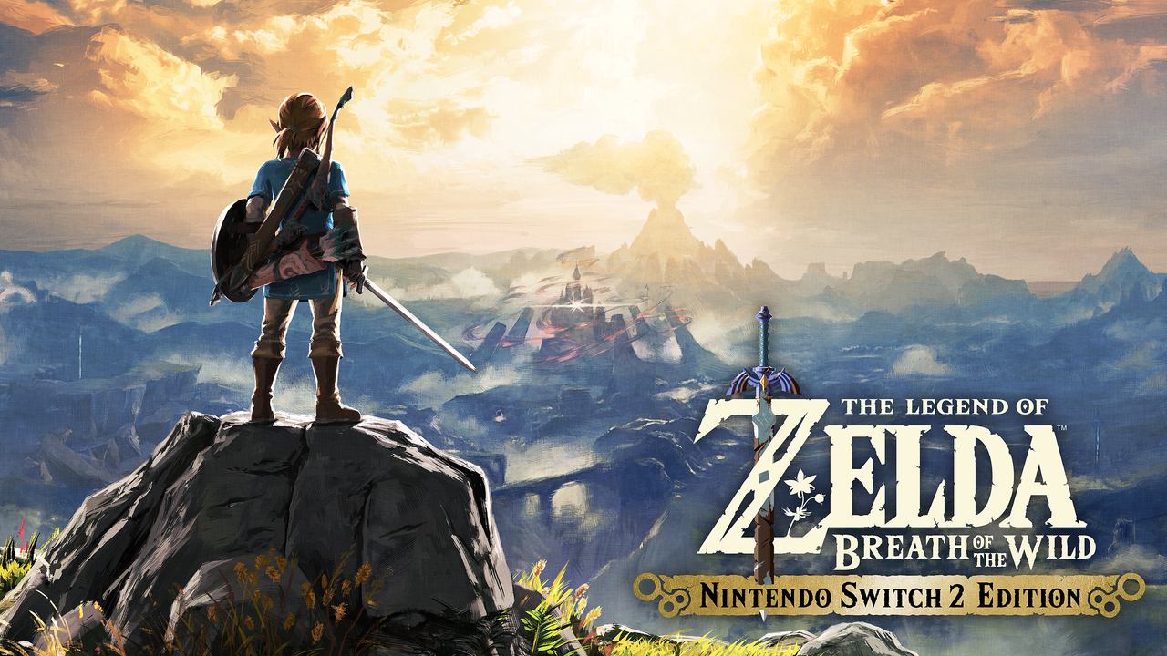 Link stands on a cliff overlooking a vast landscape in The Legend of Zelda Breath of the Wild Nintendo Switch 2 Edition game art.