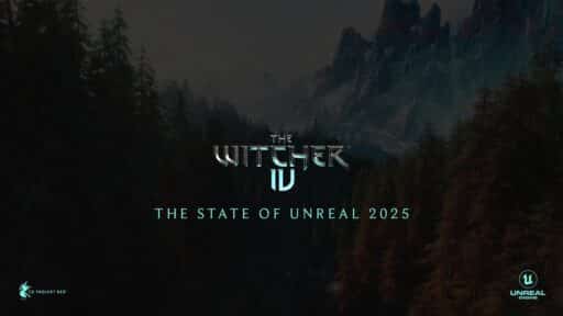 The Witcher IV: The State of Unreal 2025 title hovers over a dark, forested mountain landscape, showcasing The Witcher 4 Unreal Engine 5 Tech Demo's stunning visual power.