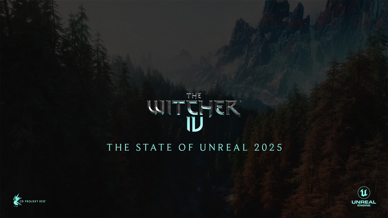 The Witcher IV: The State of Unreal 2025 title hovers over a dark, forested mountain landscape, showcasing The Witcher 4 Unreal Engine 5 Tech Demo's stunning visual power.