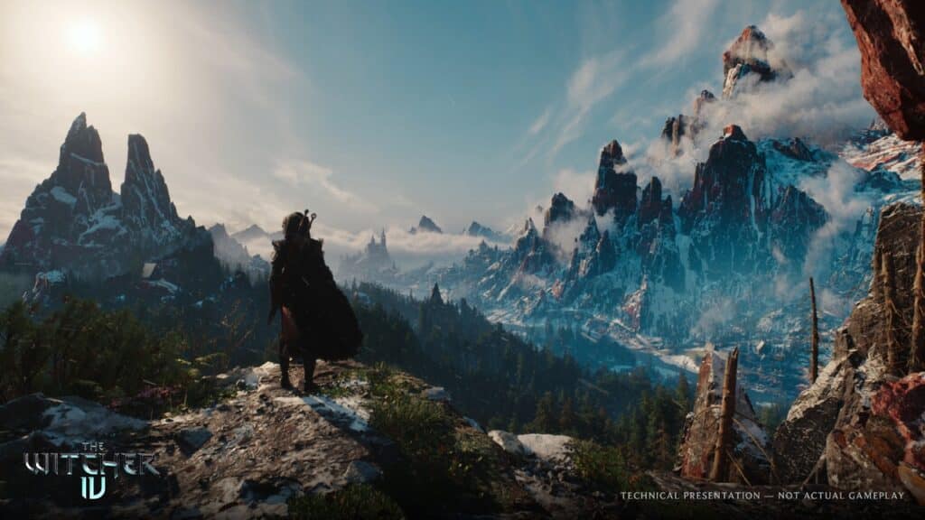 A cloaked figure overlooking rugged, snow-capped mountains and a vast forest under a bright sky, evoking the atmosphere of The Witcher 4 Unreal Engine 5 Tech Demo.
