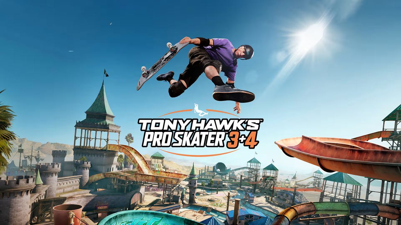 A skateboarder performs a trick in midair above a colorful water park with "Tony Hawk's Pro Skater 3+4" logo.