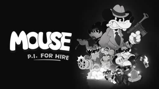 A detective mouse in a suit, MOUSE: P.I. For Hire, voiced by Troy Baker, leads a group of cartoon animals in a noir-style, action-packed scene.