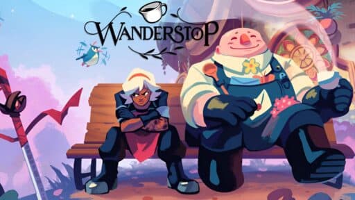 Two animated characters sit on a bench under the Wanderstop logo; one is grumpy while the other remains cheerful.