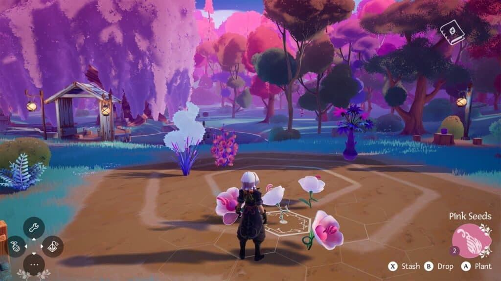In Wanderstop, a character plants pink flowers in a vibrant, colorful forest with purple and pink trees. The game HUD is visible.