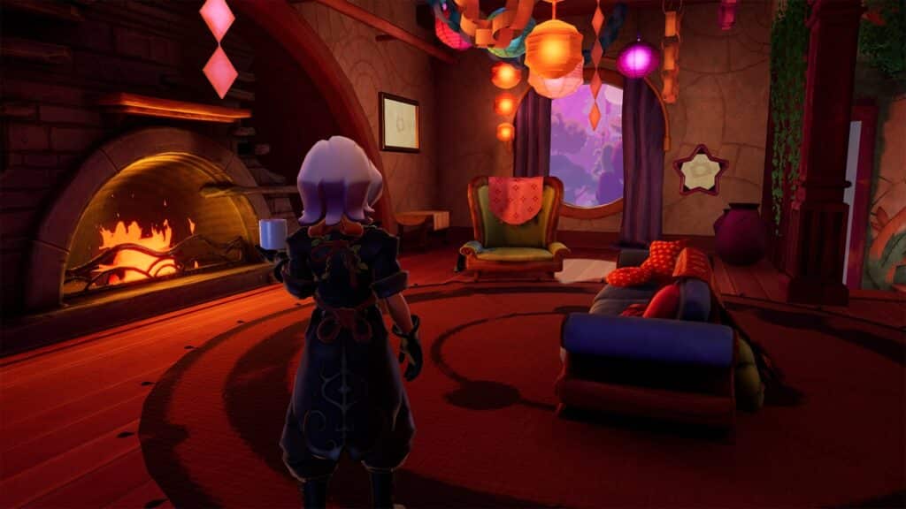 A character with white hair holds a mug in a cozy, colorful room at Wanderstop, with a fireplace and hanging lanterns.