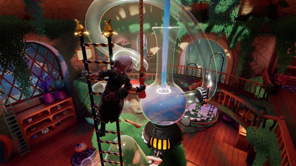 In a magical, plant-filled room at Wanderstop, a character climbs a rope, pouring liquid into a large glowing flask.