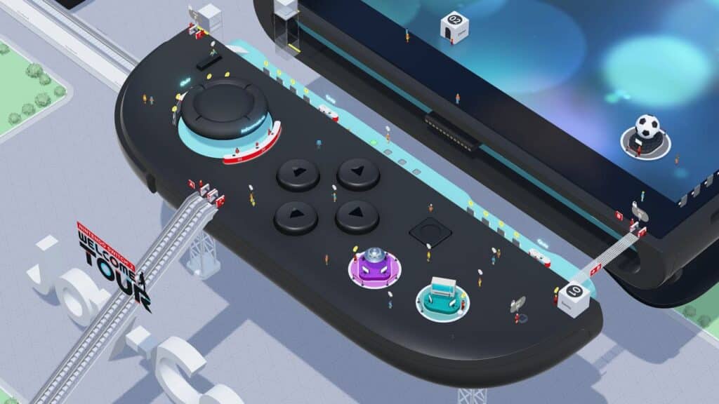 A giant game controller is used as a walkway with tiny people walking across it in a digital cityscape in Nintendo Switch 2 Welcome Tour.