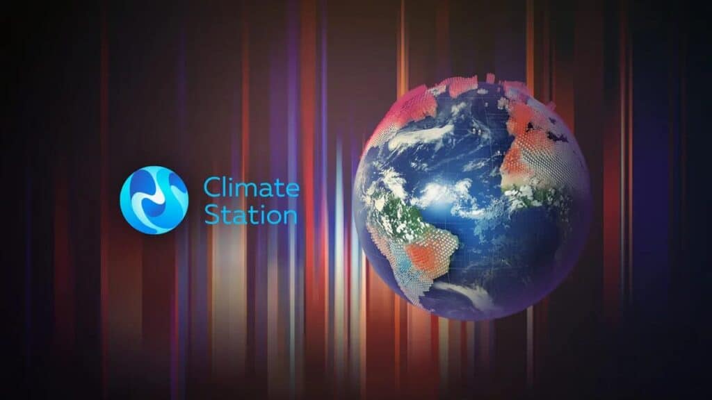 A digital Earth with red patches and "Climate Station" text beside a blue circular logo on a striped background, inspired by PlayStation-style graphics.