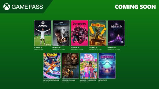 Xbox Game Pass banner showing ten upcoming game covers, including sports, adventure, and fantasy titles.