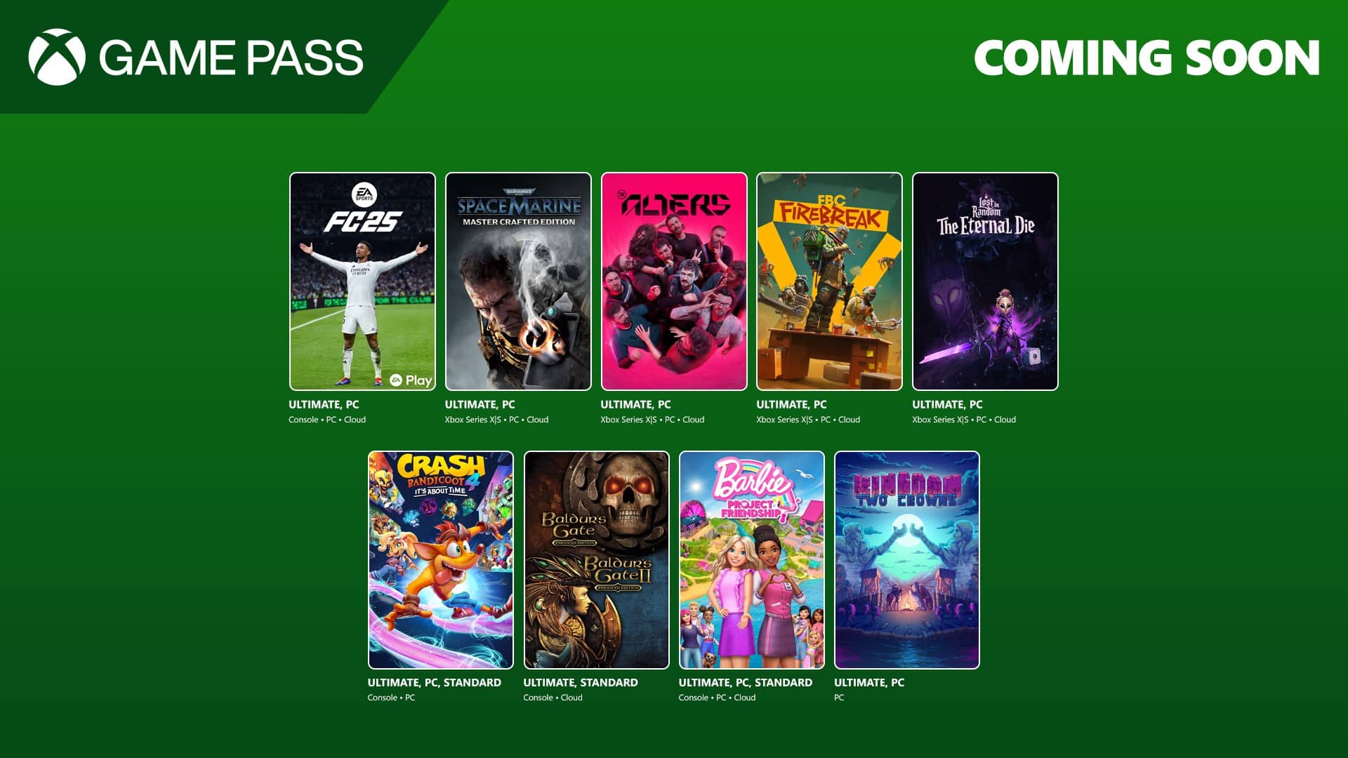 Xbox Game Pass banner showing ten upcoming game covers, including sports, adventure, and fantasy titles.