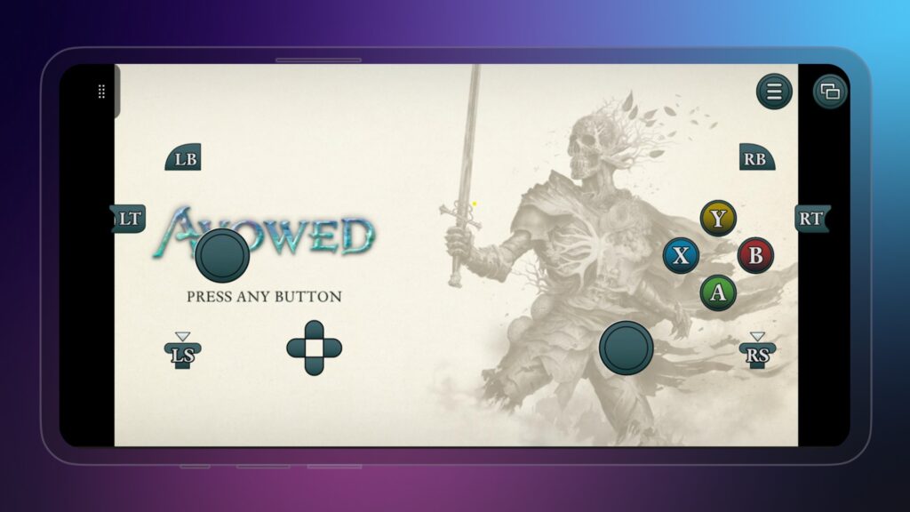 Mobile screen displaying the "Avowed" start menu with on-screen Xbox controller buttons, featuring new options from the Xbox June 2025 update.