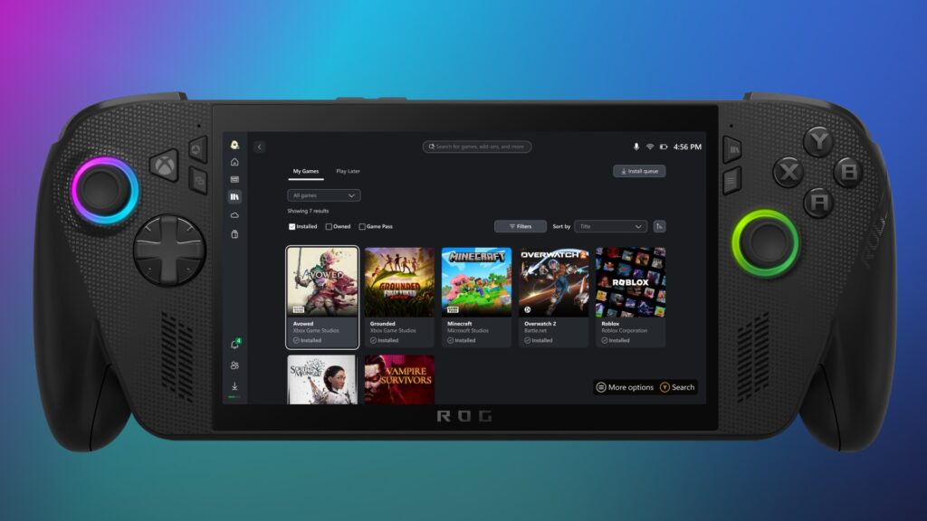 ROG Xbox Ally with a screen displaying a game library, showcasing features from the Xbox June 2025 update, against a blue gradient background.