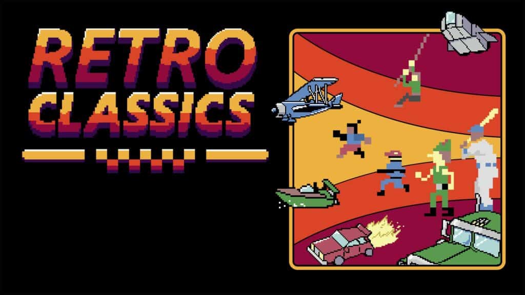 Retro Classics text with pixel art of vintage video game scenes—plane, boat, car, and characters. Inspired by the Xbox June 2025 update for a nostalgic gaming vibe.