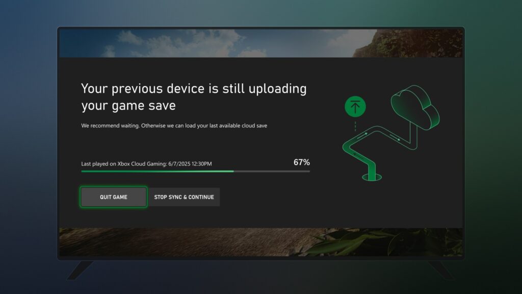 TV screen displays a message: "Your previous device is still uploading your game save" with sync progress bar at 67%, showcasing the smoother cloud sync feature from the Xbox June 2025 update.
