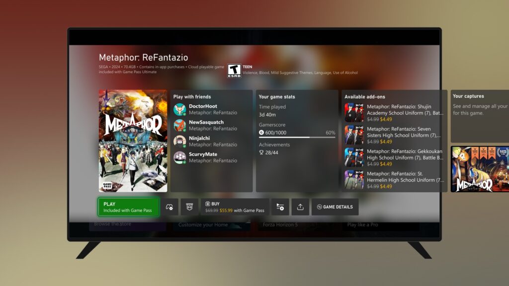 A TV screen displays the Xbox Game Pass page for Metaphor: ReFantazio, showcasing gameplay stats and purchase options after the Xbox June 2025 update.