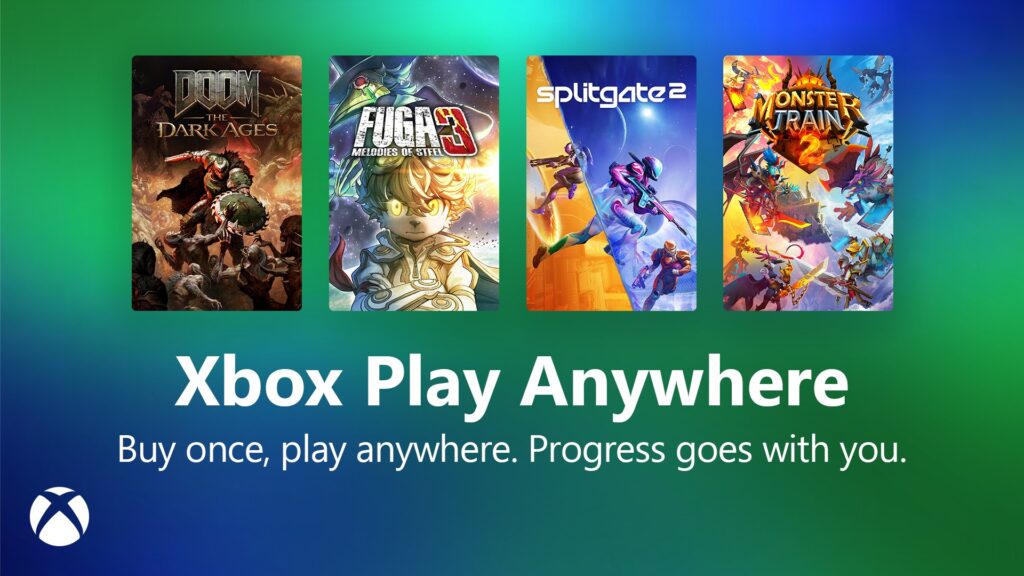 Covers of four games above the words "Xbox Play Anywhere: Buy once, play anywhere. Progress goes with you." Featuring highlights from the Xbox June 2025 update.