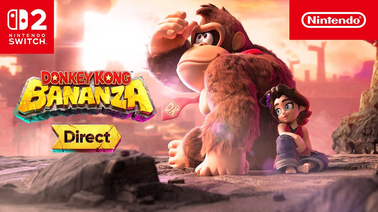Donkey Kong and a girl sit on rocks at sunset, with the Donkey Kong Bananza Direct and Nintendo Switch logos in view.
