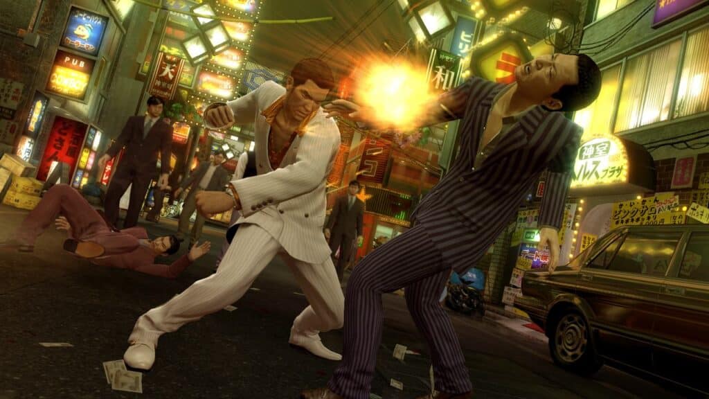 Two men in suits brawl on a neon-lit city street, with one punching the other amid chaos and flying money in a scene reminiscent of Yakuza 0: Director's Cut.