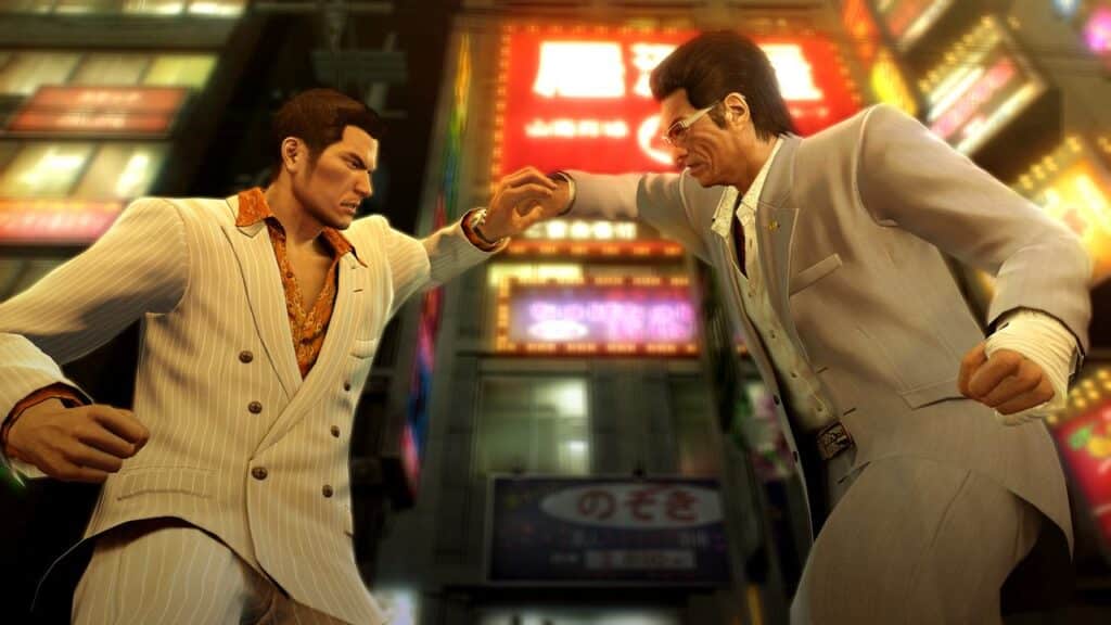 Two men in suits face off in a tense fight scene against neon city lights at night, reminiscent of the dramatic brawls seen in Yakuza 0: Director's Cut.