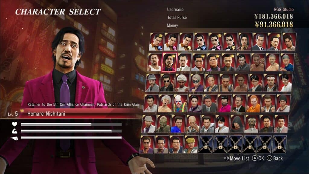 Character selection screen from Yakuza 0: Director's Cut, highlighting Homare Nishitani in a stylish magenta suit.