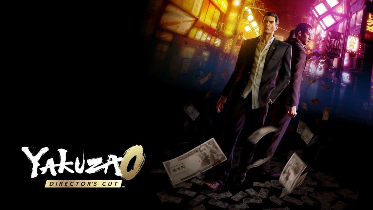 Two men in suits stand surrounded by flying money under neon city lights, with the "Yakuza 0: Director's Cut" logo shining brightly.