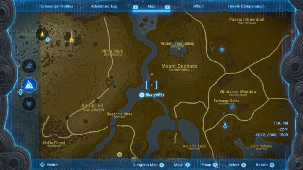 Map screen from The Legend of Zelda Breath of the Wild Nintendo Switch 2 Edition, displaying mountains, plains, rivers, and various marked locations and coordinates.