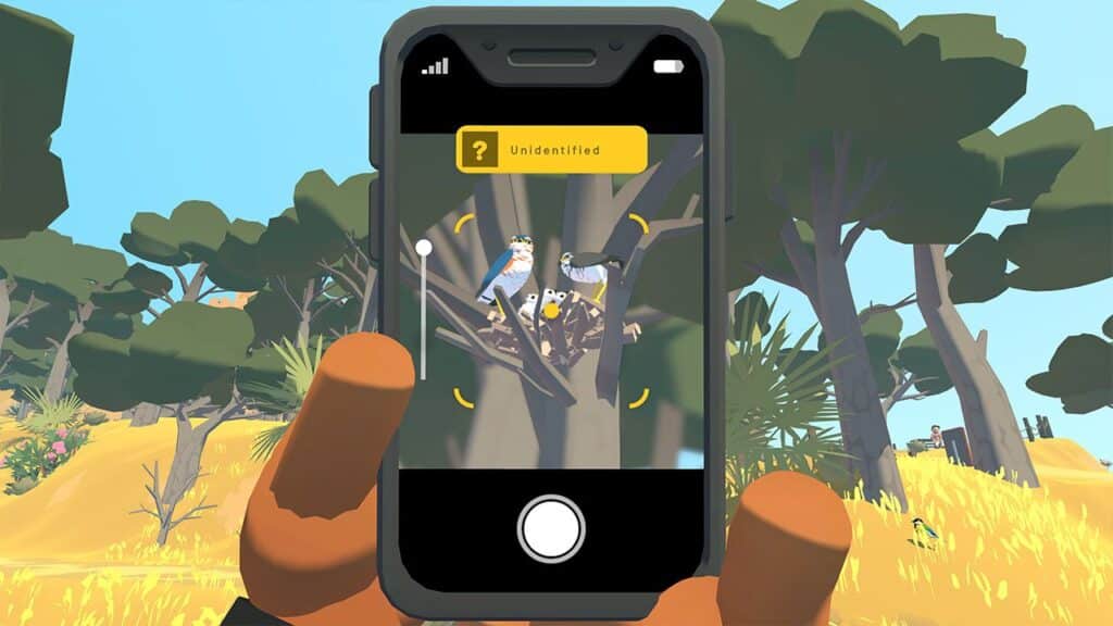 A hand holds a phone, photographing birds in a tree; the screen says "Unidentified," while notifications about an Xbox game sale flash above.