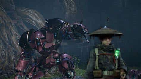 A large purple robot stands behind a person in a conical hat and cloak in a dark, forested area.