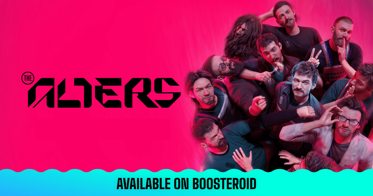 Group of identical men in various poses with "The Alters" logo and "Available on Boosteroid" text.
