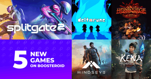 Collage of five video game covers with text: "5 new games on Boosteroid.