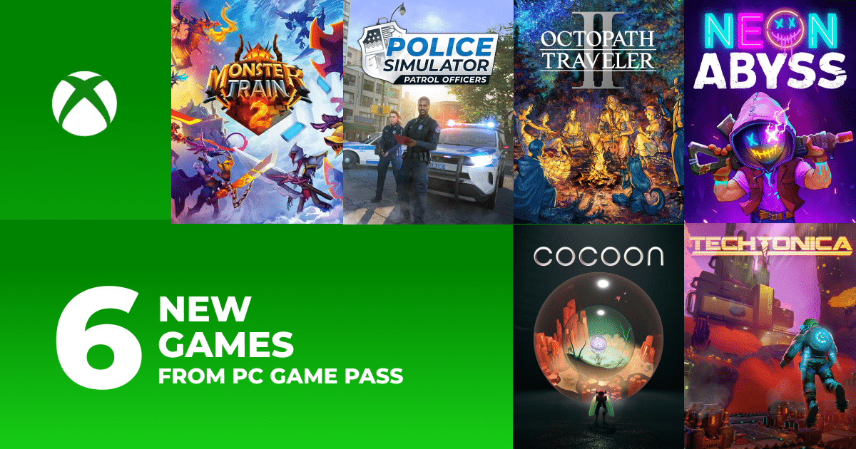 Xbox banner showing covers of 6 new PC Game Pass titles, including Monster Train and Octopath Traveler II.