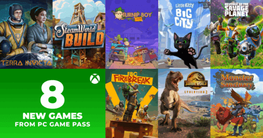 Collage of 8 new PC Game Pass games, including Terra Invicta, SteamWorld Build, Firebreak, and Jurassic World.