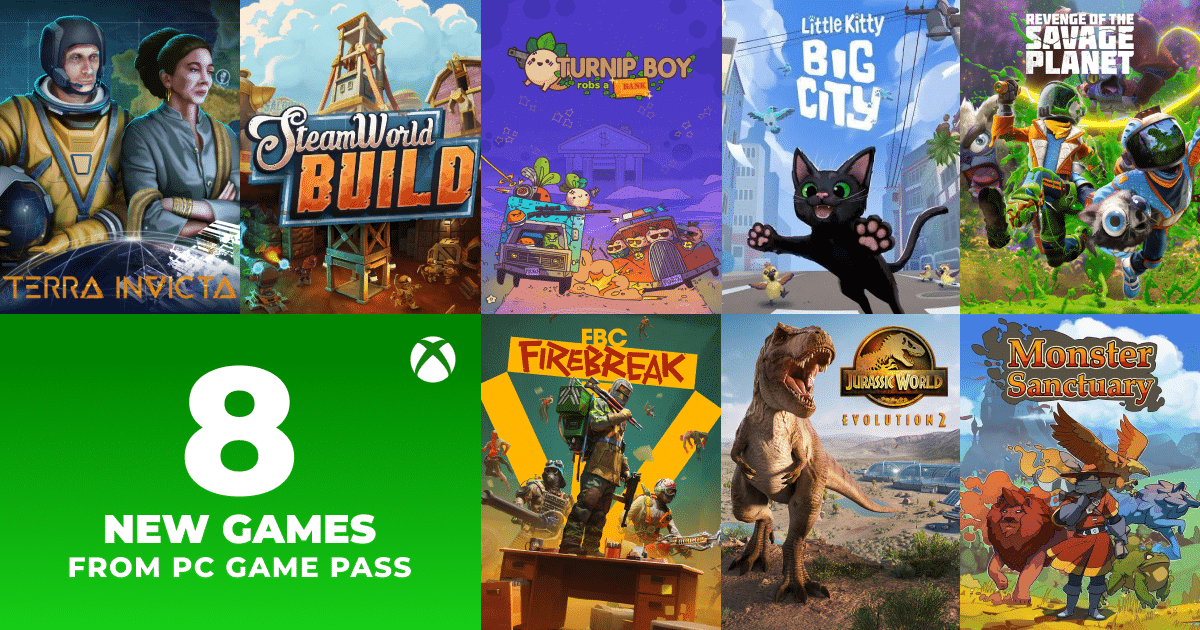 Collage of 8 new PC Game Pass games, including Terra Invicta, SteamWorld Build, Firebreak, and Jurassic World.